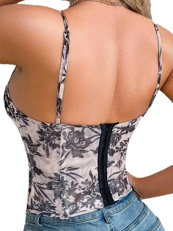 Pink Black Floral Print Sleeveless Corset Top With Detail Straps Bustier Blouse For Women Stylish Casual Party Outfit Charm SS9Z
