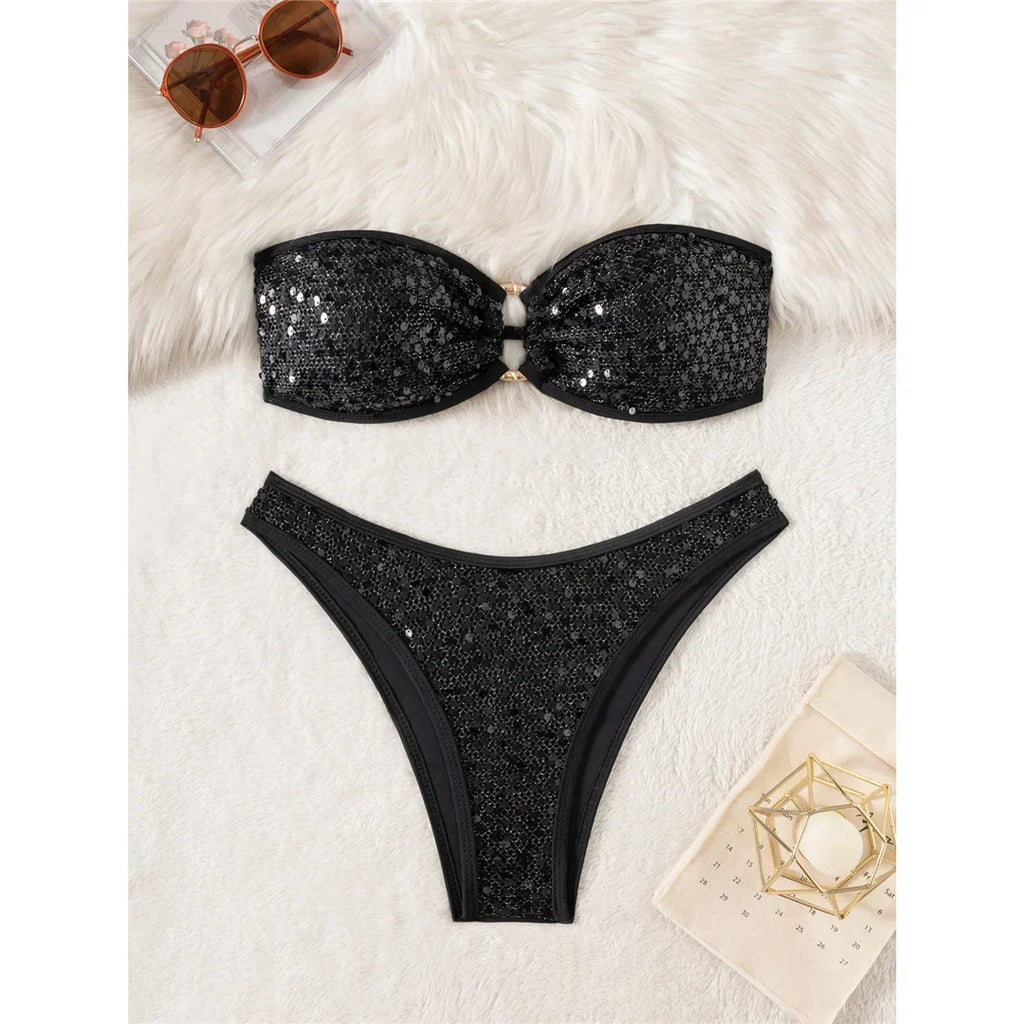 Sequins Shiny Bling Bandeau Bikini Female Swimsuit Women Swimwear Two-pieces Bikini set Brazilian Bather Bathing Suit Swim K7311