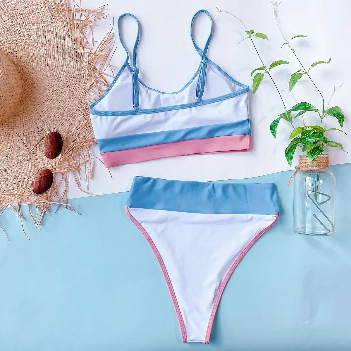 New Sexy Bikini Women Swimwear Swimsuit Push Up Tricolor Patchwork High Waist Bikinis Set Bathing Suit Beach Bikini Taille Haute