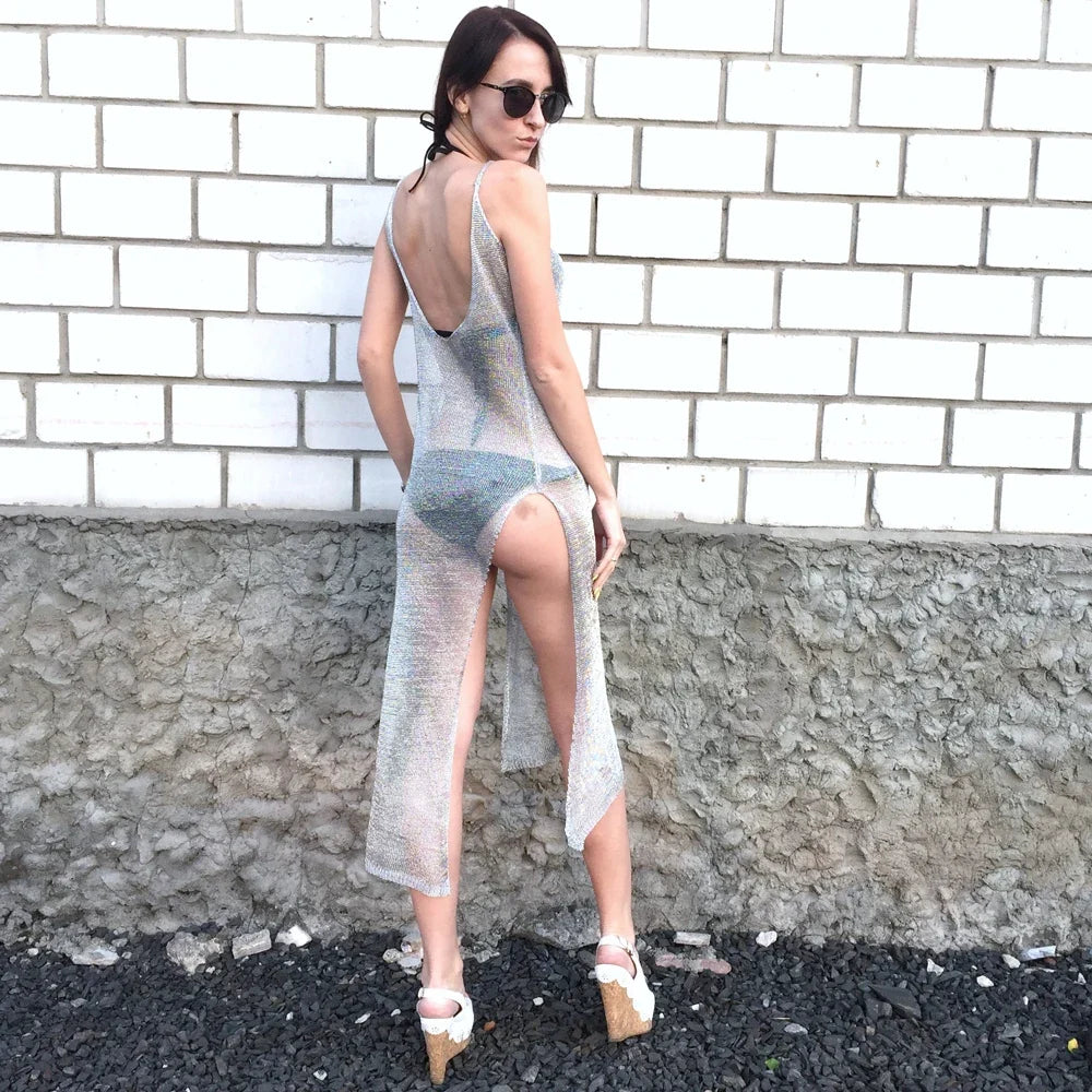 Sexy Sheer Net Mesh Knitted Glitter Tunic Beach Cover Up Cover-ups Long Beach Dress Beach Wear Beachwear Female Women Robe V651