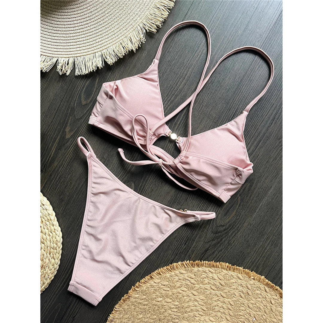 7 Colors New Cross Back Bikini Female Swimsuit Women Swimwear Two-pieces Bikini set High Leg Cut Bather Bathing Suit Swim V8252