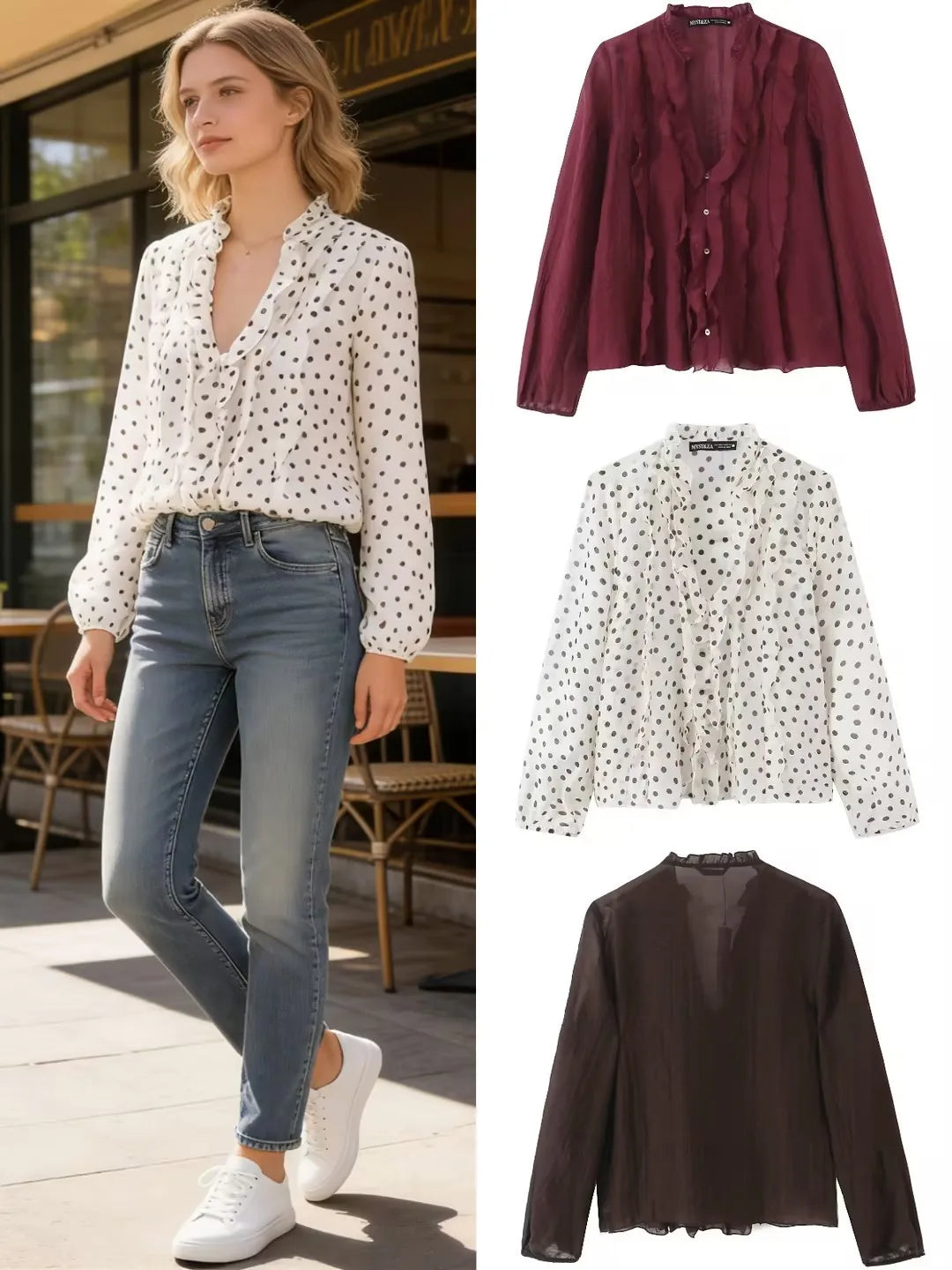 2026 Spring New Women Elegant Loose V Neck Wave Trim Polka Dot Blouse Thin Long Sleeve Top