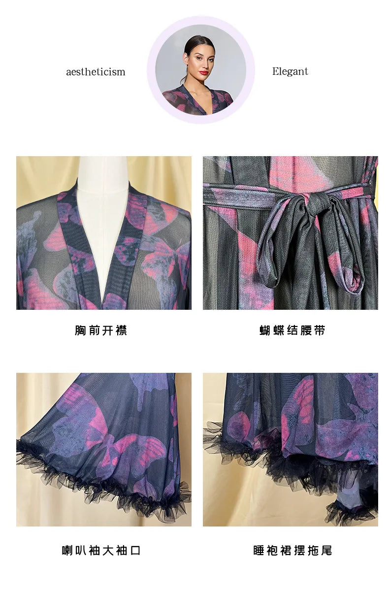 2026 New Women Elegant Butterfly Print Mesh Robe Big Flare Sleeve Lace Up Tassel Fringe High Slit Bathrobe Loungewear