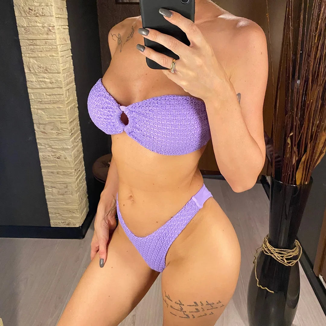 Wrinkled Bandeau High Cut Bikini Women Swimwear Female Swimsuit Two-Pieces Bikini Set Strapless Bather Bathing Suit Swim V3367