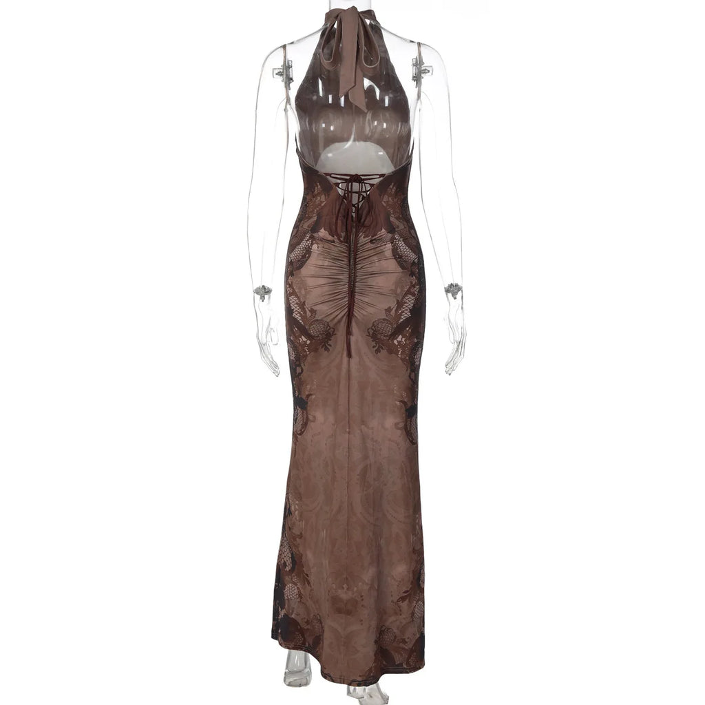 FDYOUI Women Vintage Halter Printed Long Party Club Dresses 2026 Summer Ladies Sexy Backless Lace-up Bodycon Evening Prom Dress