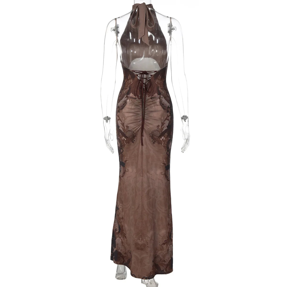 FDYOUI Women Vintage Halter Printed Long Party Club Dresses 2026 Summer Ladies Sexy Backless Lace-up Bodycon Evening Prom Dress