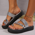 Silver Clip Toe Woven Slippers Women Beach Non Slip Thick Platform Slides Female Fashion Comfortable Slip On Wedge Sandal Mujer