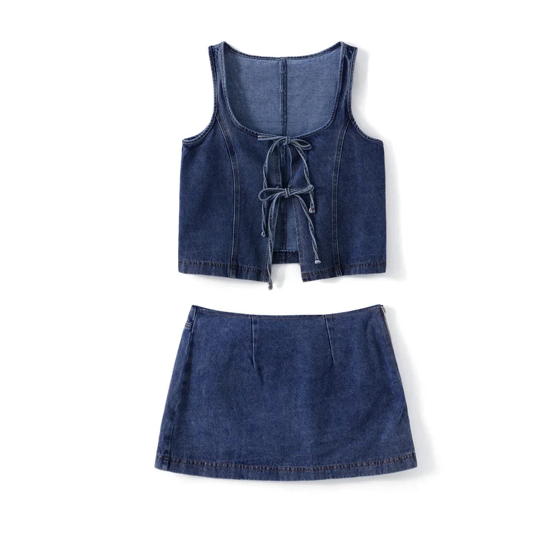 2026 New Women’s Denim Street 2 Piece Sets Sleeveless Tie-up Front Tops Vest and Mini Skirt Outfits Fashion Clubwear