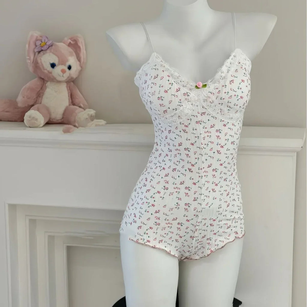 Summer Onesies Women Underwear Sexy Floral Print Bodysuit Lace Trim Sleeveless Slim Fit Jumpsuit Romper Nightwear Lingerie