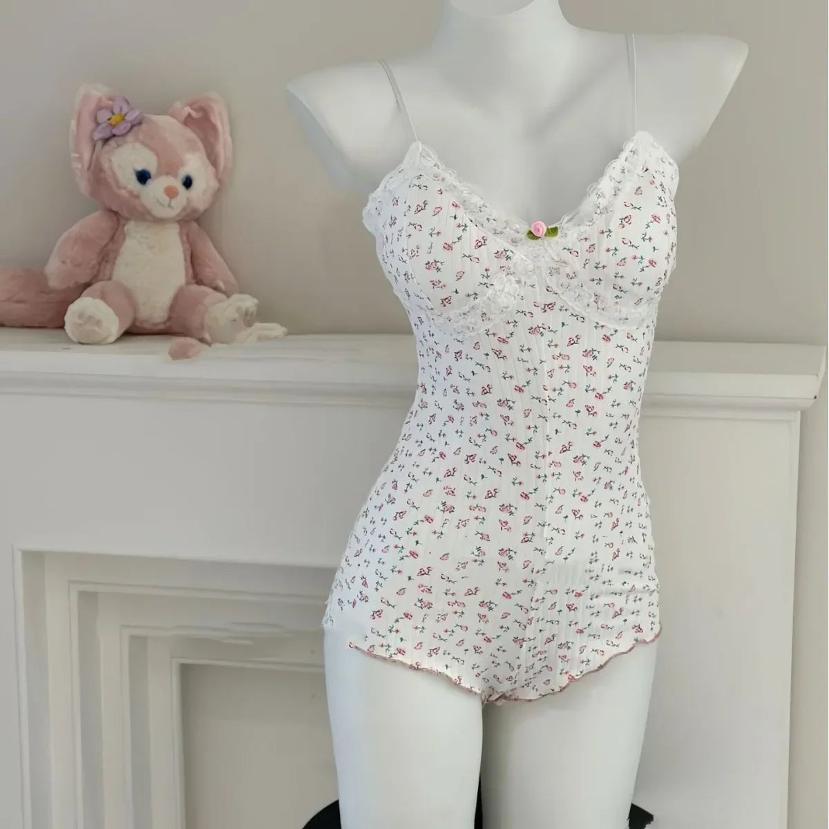 Summer Onesies Women Underwear Sexy Floral Print Bodysuit Lace Trim Sleeveless Slim Fit Jumpsuit Romper Nightwear Lingerie