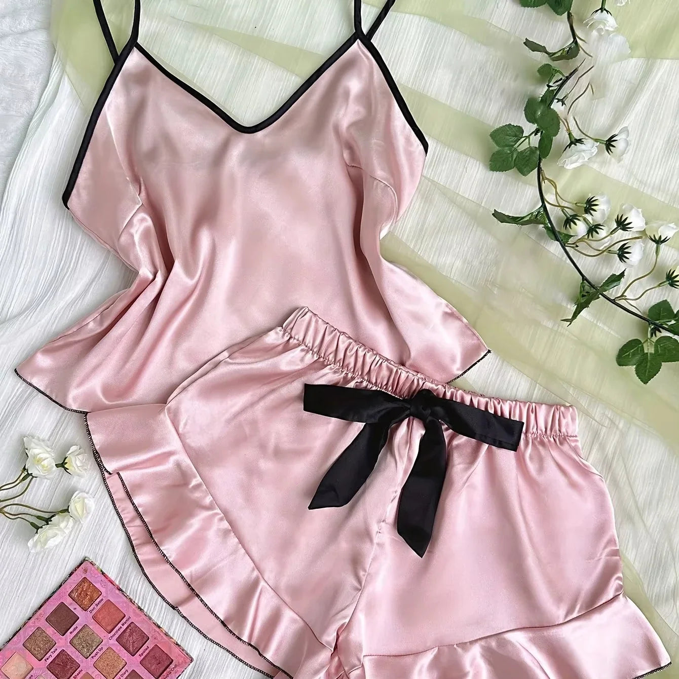 Summer Pajamas Set Women's Smooth Satin V-Neck Ruffled Edges Tops and Bow Shorts Pajama Sling Home Clothing