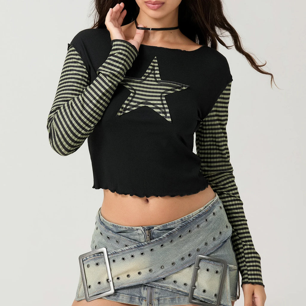Early Autumn Punk Style Slim Fit T-shirt Women Long Sleeve Crew Neck Star Stripes Patchwork Ladies Tops for Casual Daily