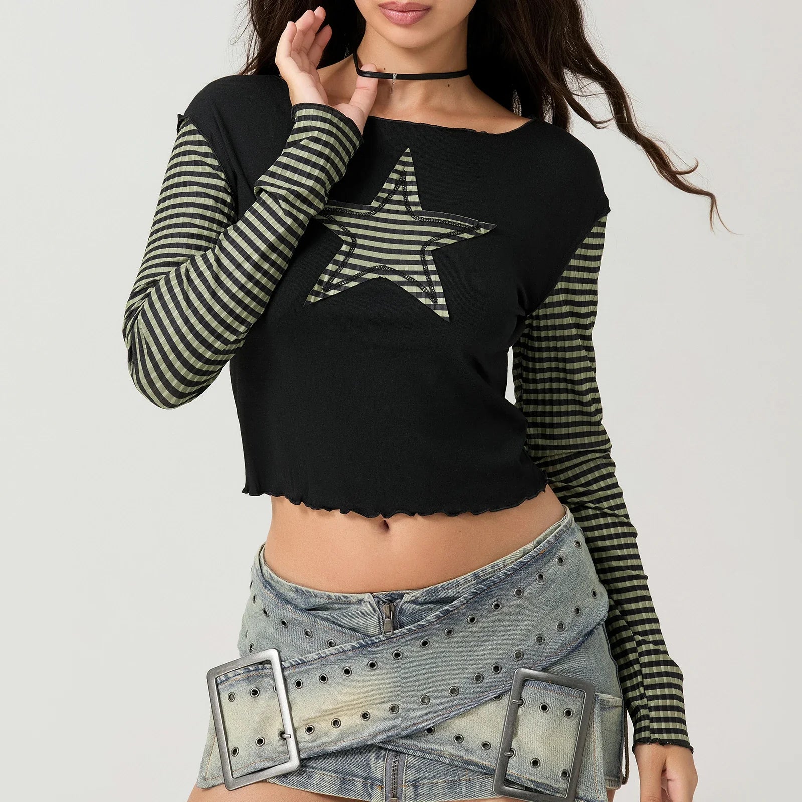 Early Autumn Punk Style Slim Fit T-shirt Women Long Sleeve Crew Neck Star Stripes Patchwork Ladies Tops for Casual Daily