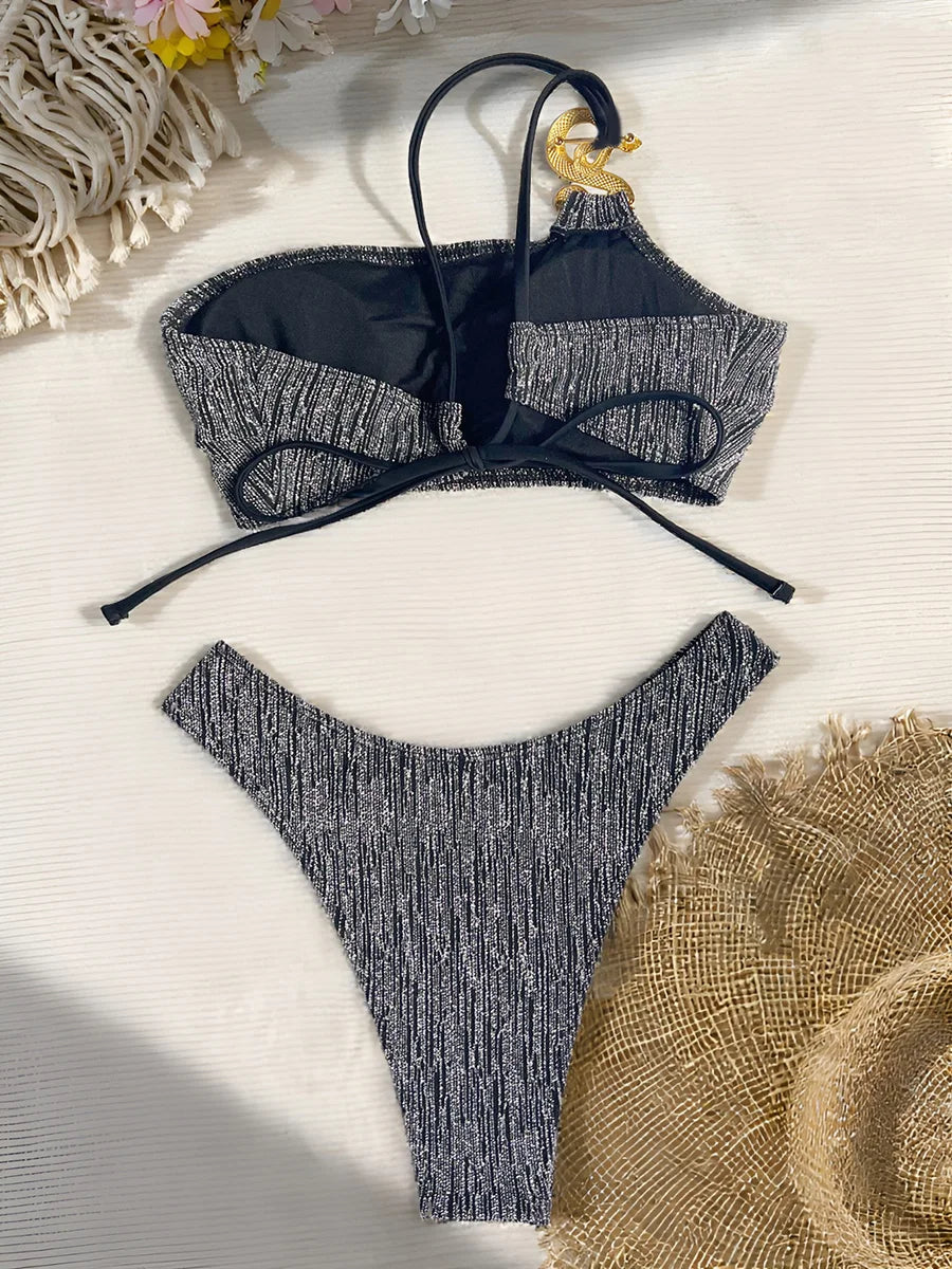 S - XL Glitter Sparkling One Shoulder Bikini Female Swimsuit Women Swimwear Two-pieces Bikini Set Bandeau Bathing Suit Swim Lady