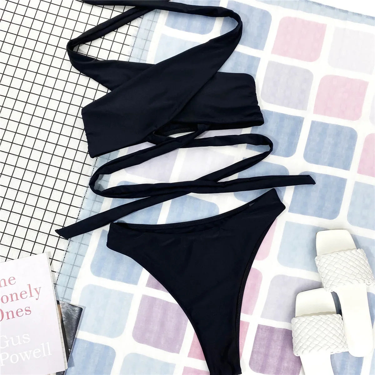 Sexy High Neck Cross Bikini Set 2026 Women Solid White Black Push Up Hollow Out Swimsuit Summer Bathing Suit High Waist Swimwear