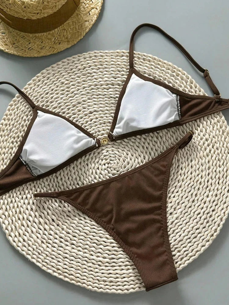 Sexy Coffee Bikini Set Women Pearls Metal Chain Pleate Push Up Bra Thong Swimsuit 2026 Summer Bathing Suit Backless Swimwear