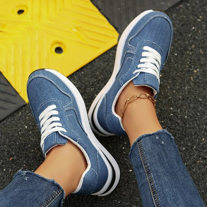 Comfortable Platform Denim Sneakers for Women Plus Size 43 Lace-Up Women's Sports Shoes Lightweight Non Slip Walking Shoes Woman