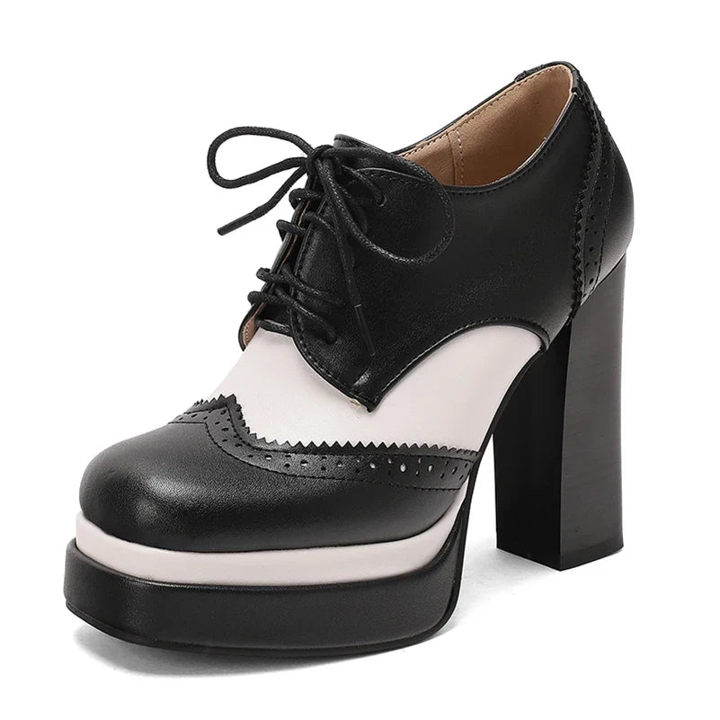 Bright Patent Leather Patchwork White PU Lace Up High Heels with Breathable Lining, Wavy and Serrated Patterns, Sweet Pumps