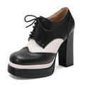 Bright Patent Leather Patchwork White PU Lace Up High Heels with Breathable Lining, Wavy and Serrated Patterns, Sweet Pumps