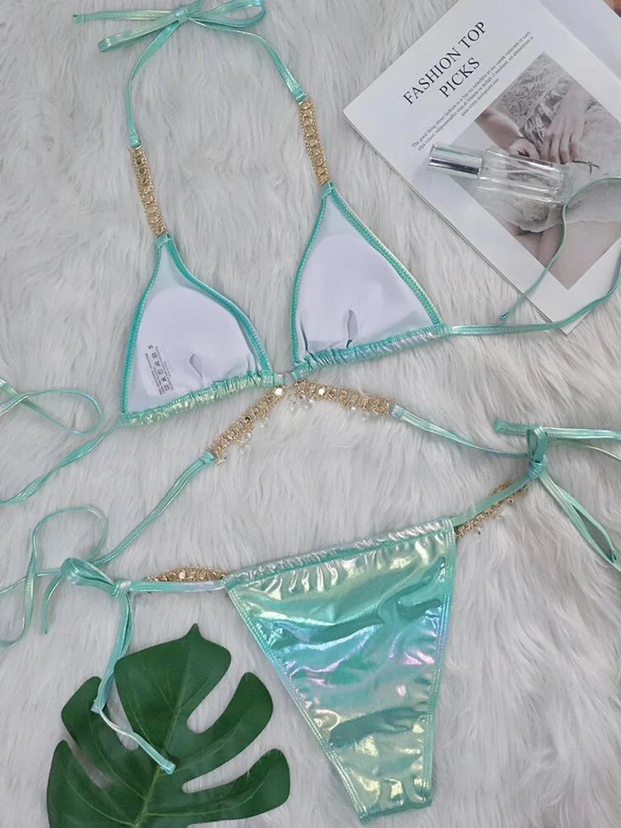 PU Faux Leather Bikinis Wrap Around Diamond Bikini Women Swimsuit Female Swimwear Two-pieces Bikini Set Halter Bathing Suit Swim