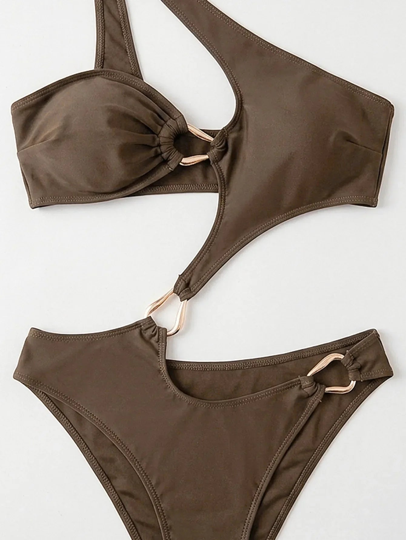 Sexy One Shoulder Swimwear Women Coffee Metal Buckle Hollow Out Backless Thong Bikini Summer Bathing Suit One Piece Swimsuit