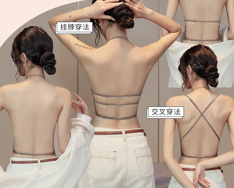 Backless Bra Women Thick Padded Push Up Adhesive Sticky Invisible Bra Small Bust Strapless Convertible Bralette Beach Essential