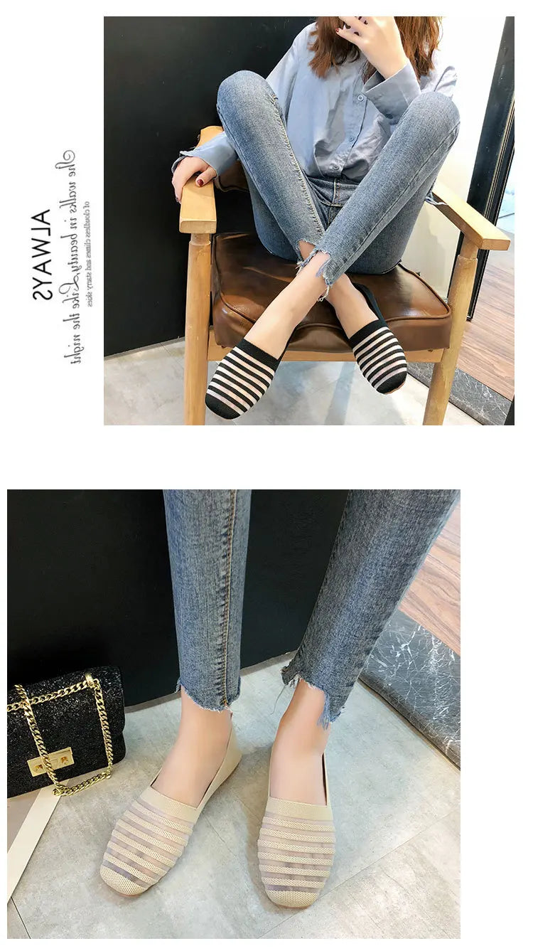 Spring and Autumn Flat Shoes Fashion Leisure Women's Flat Shoes Square Toe Knitting Elastic Comfortable Slip-on Boutique Shoes