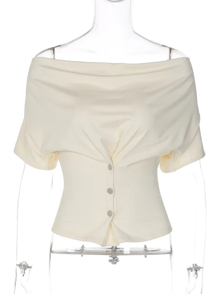 FDYOUI Fashion Casual Swinging Collar T-shirts Y2K Woman Clothes Short Sleeve Buttons Corset T Shirt Ladies Solid Crop Tops Tees