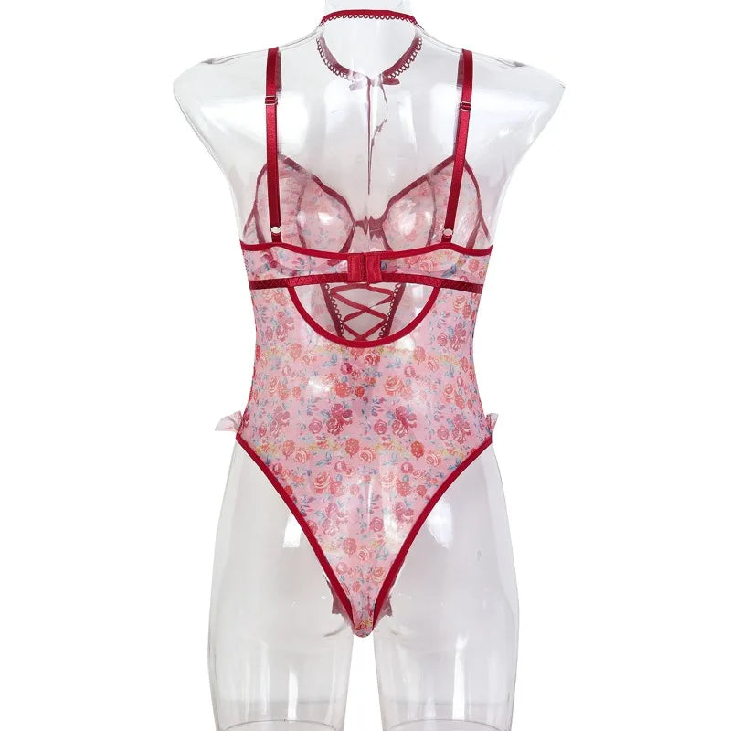 Toucheart Sexy Women Lace Backless Interesting  Babydoll Bodysuit Wrap Dress High Waisted Printing Bow Knot  Babydoll Bodysuit