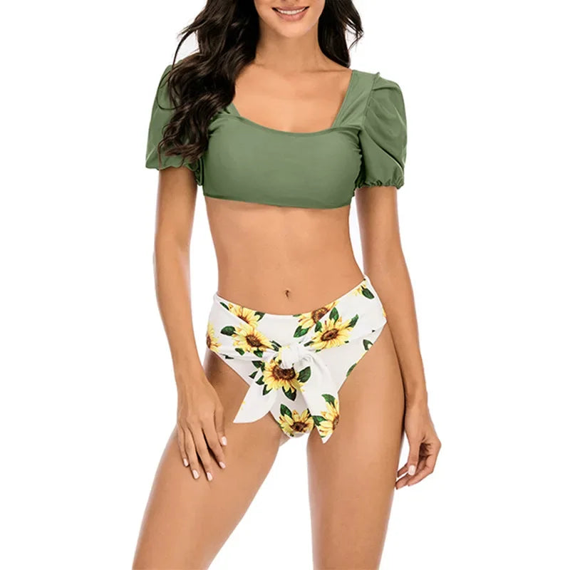 2026 Sexy Bikini Women Push Up Swimwear Swimsuit Leaf Sunflower Print High Waist Bowknot Bubble Sleeves Bikinis Set Bathing Suit