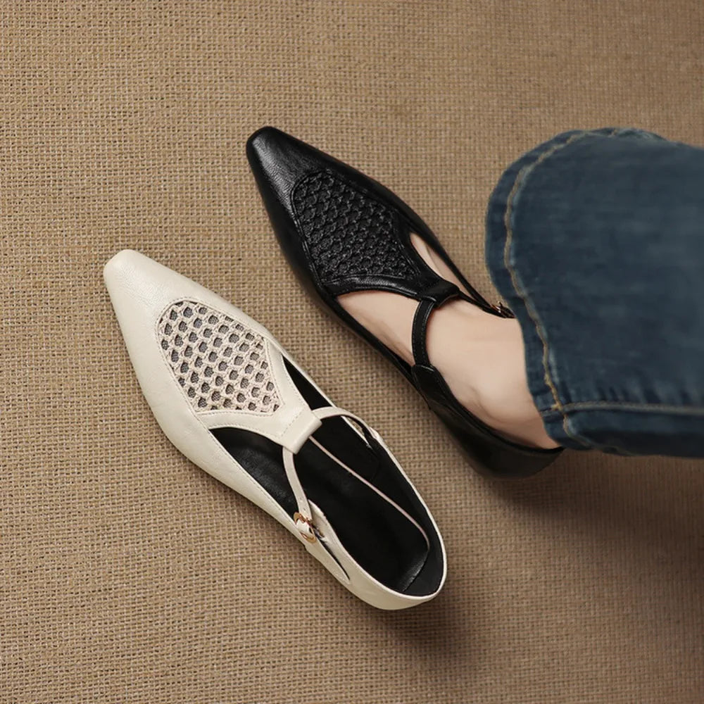 New Design Women T-Strap Sandals Square Toe Flats Buckle Breathable Mesh Casual Soft Leather Daily OL Shoes Plus Size 41 42 43