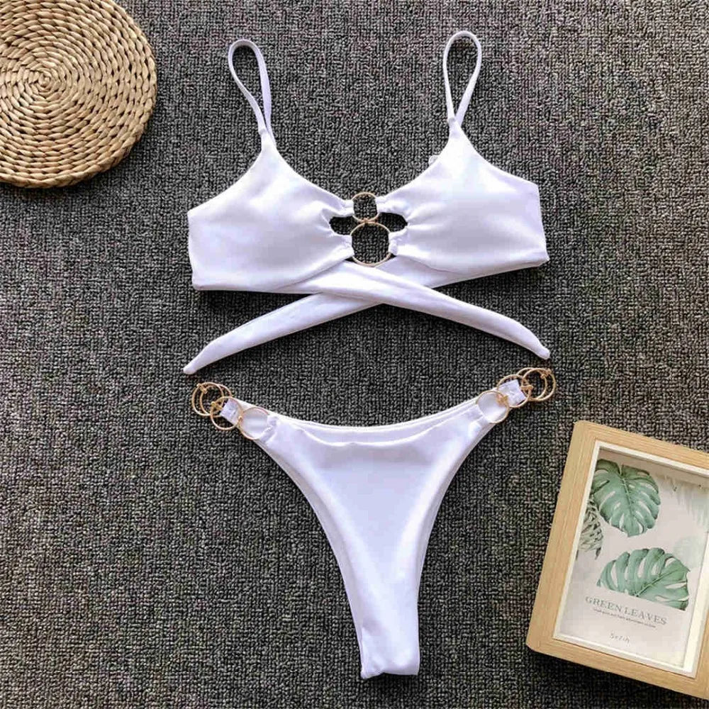 Metal Rings Leopard Brazilian Bikini Women Swimwear Female Swimsuit Two-piece Bikini set Thong Bather Bathing Suit Swim V1441