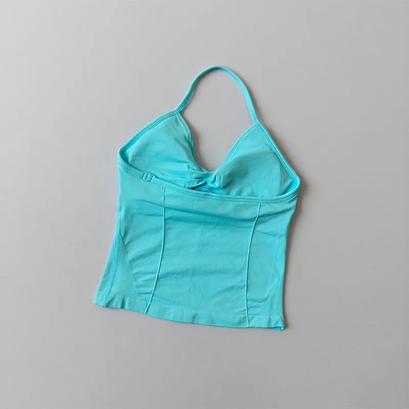 Women's Backless Yoga Sports Vest Neck Hanging Sexy Fitness Pilates Tight Long Top Gathered Sports Bra for Yoga