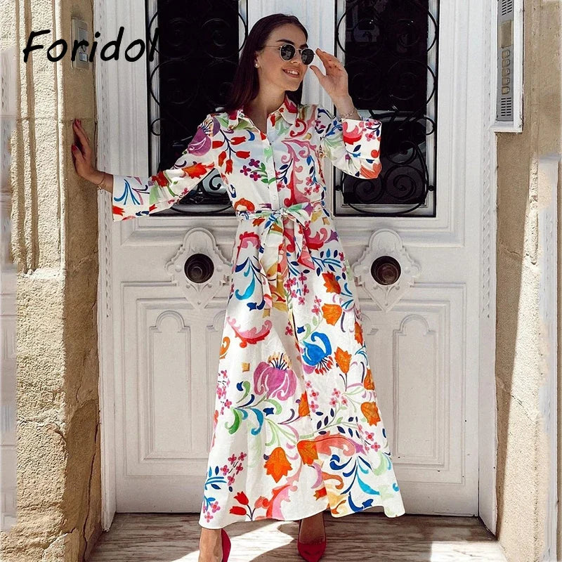 Foridol Casual Button Up Shirt Dress Maxi Long Women Dress Robe Floral Print Green Boho Autumn Winter Sash Laides Dress 2025