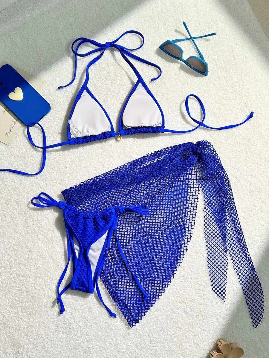 Women mesh micro mini string bikini sets 3pcs with cover skirt shell pendant swimsuit bathing suit beach outfits biquini tankini
