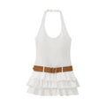 Halter Backless White Summer Women's Dress Sleeveless Beach Boho Short Mini Tierred Dresses with Shorts New Dress with Belt