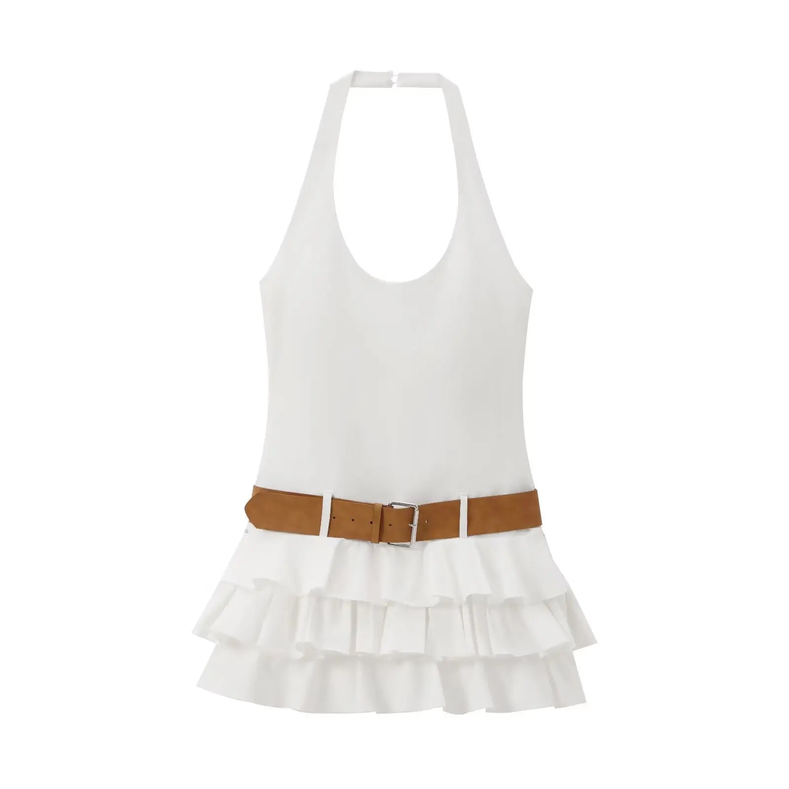 Halter Backless White Summer Women's Dress Sleeveless Beach Boho Short Mini Tierred Dresses with Shorts New Dress with Belt