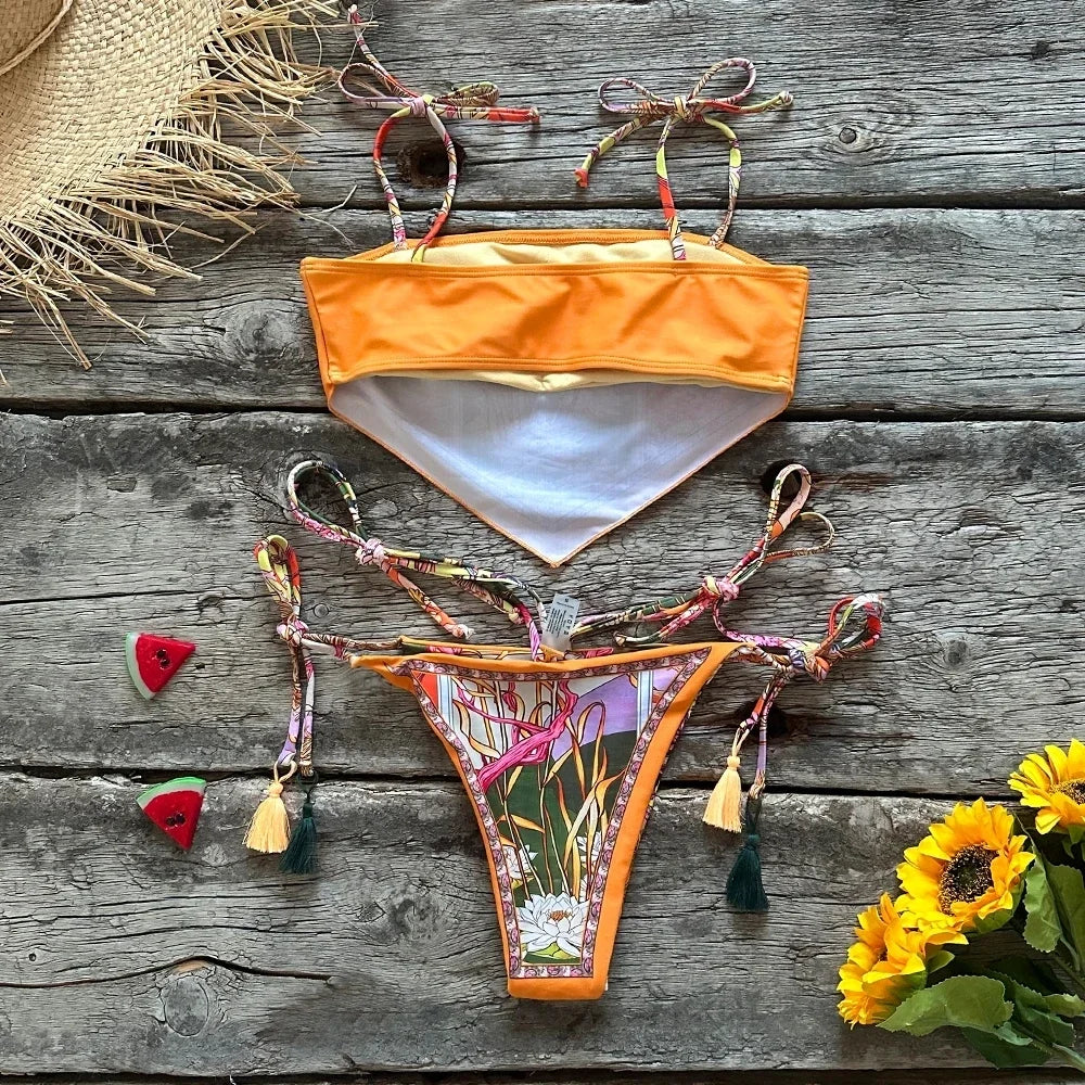 S-XXL Printed Crop Top Bikini Women Bandeau Bikinis Swimwear Female Swimsuit Two-pieces Bikini Set Bathing Suit Swim Beach Wear