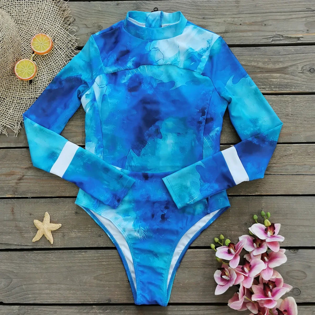 2025 New Patchwork Long Sleeve One Piece Swimsuit Women Swimwear Monokini Bathing Suit Female Bodysuit Surfing Swim Wear Beach