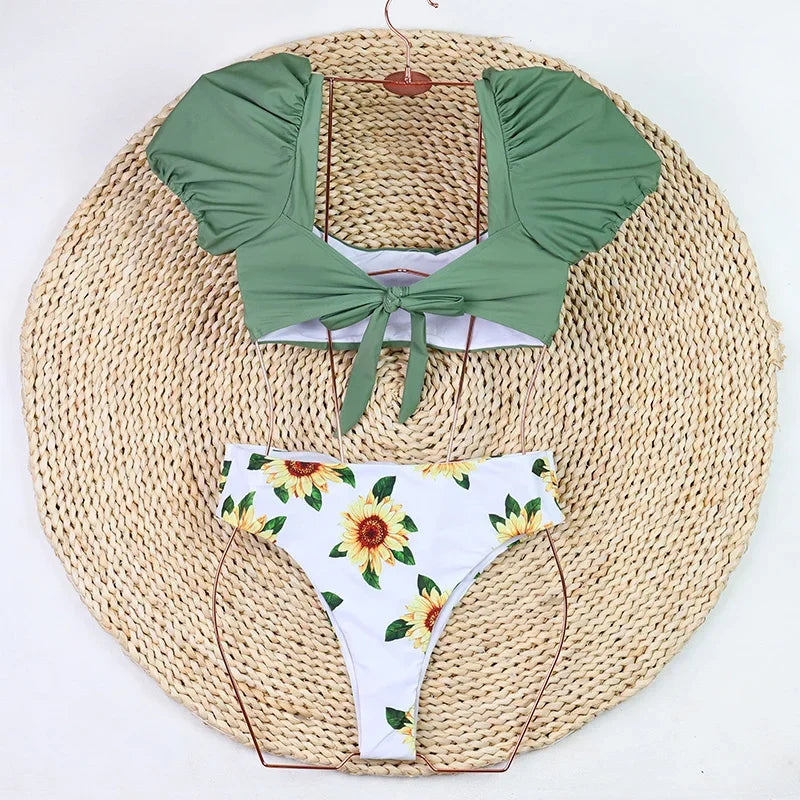 2026 Sexy Bikini Women Push Up Swimwear Swimsuit Leaf Sunflower Print High Waist Bowknot Bubble Sleeves Bikinis Set Bathing Suit