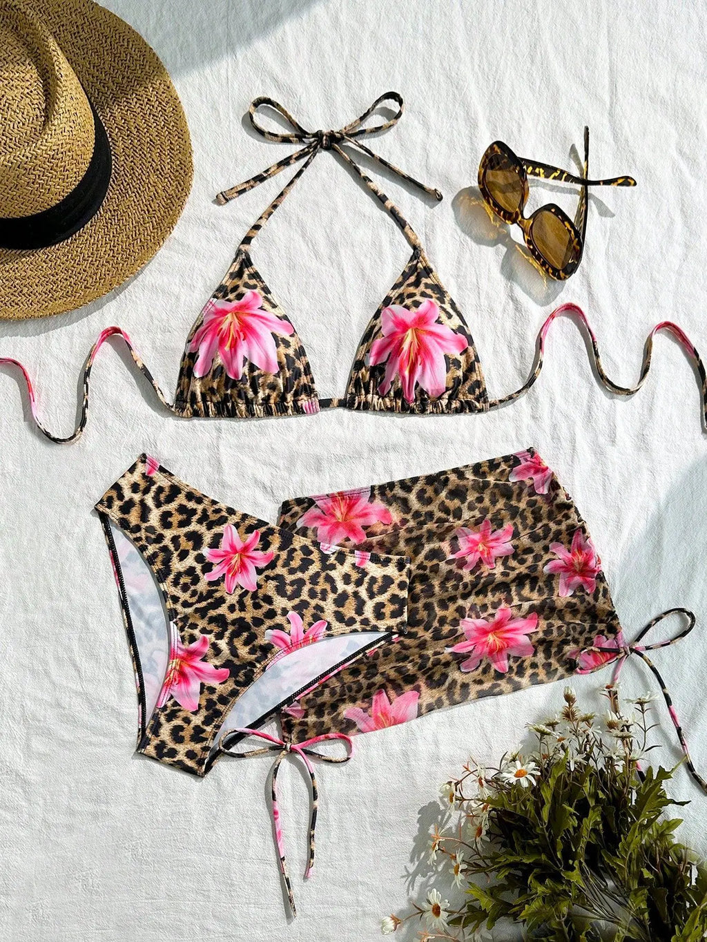 Sexy 3 Pieces Suit Swimwear Women Leopard Print Micro Bikini Set+Gauze Skirt Cover Up Beachwear Backless Lace-up Bathing Suits