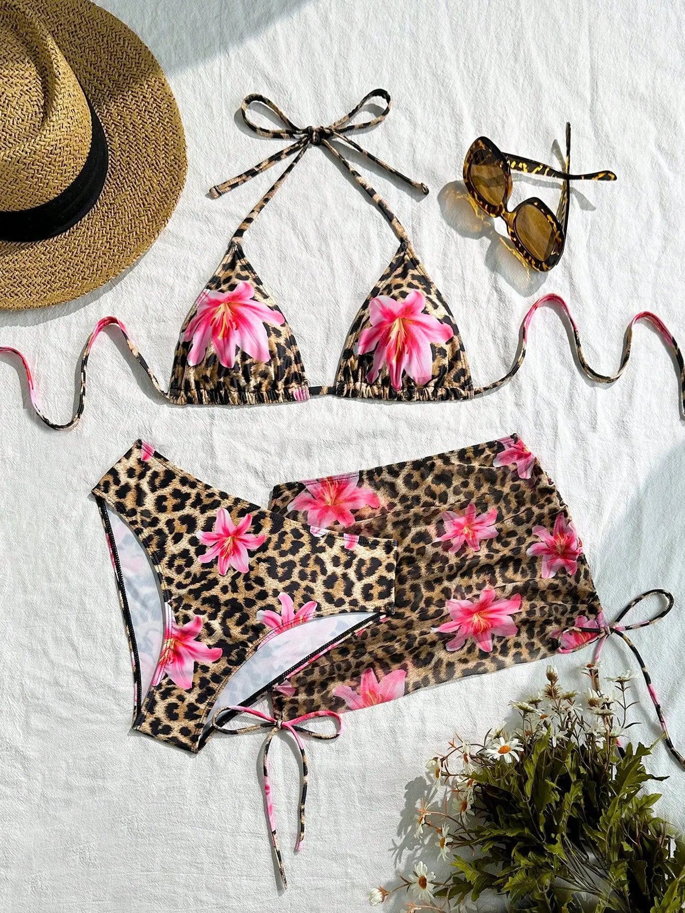 Sexy 3 Pieces Suit Swimwear Women Leopard Print Micro Bikini Set+Gauze Skirt Cover Up Beachwear Backless Lace-up Bathing Suits