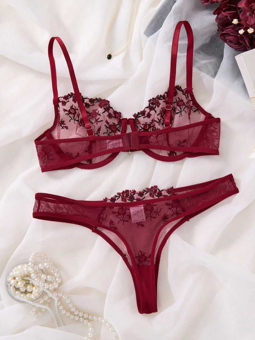 Wine Red Embroidered Floral Lingerie Set - Sexy Bra And G-string Combo with Heart Decoration Underwear Set for Women ZA824026