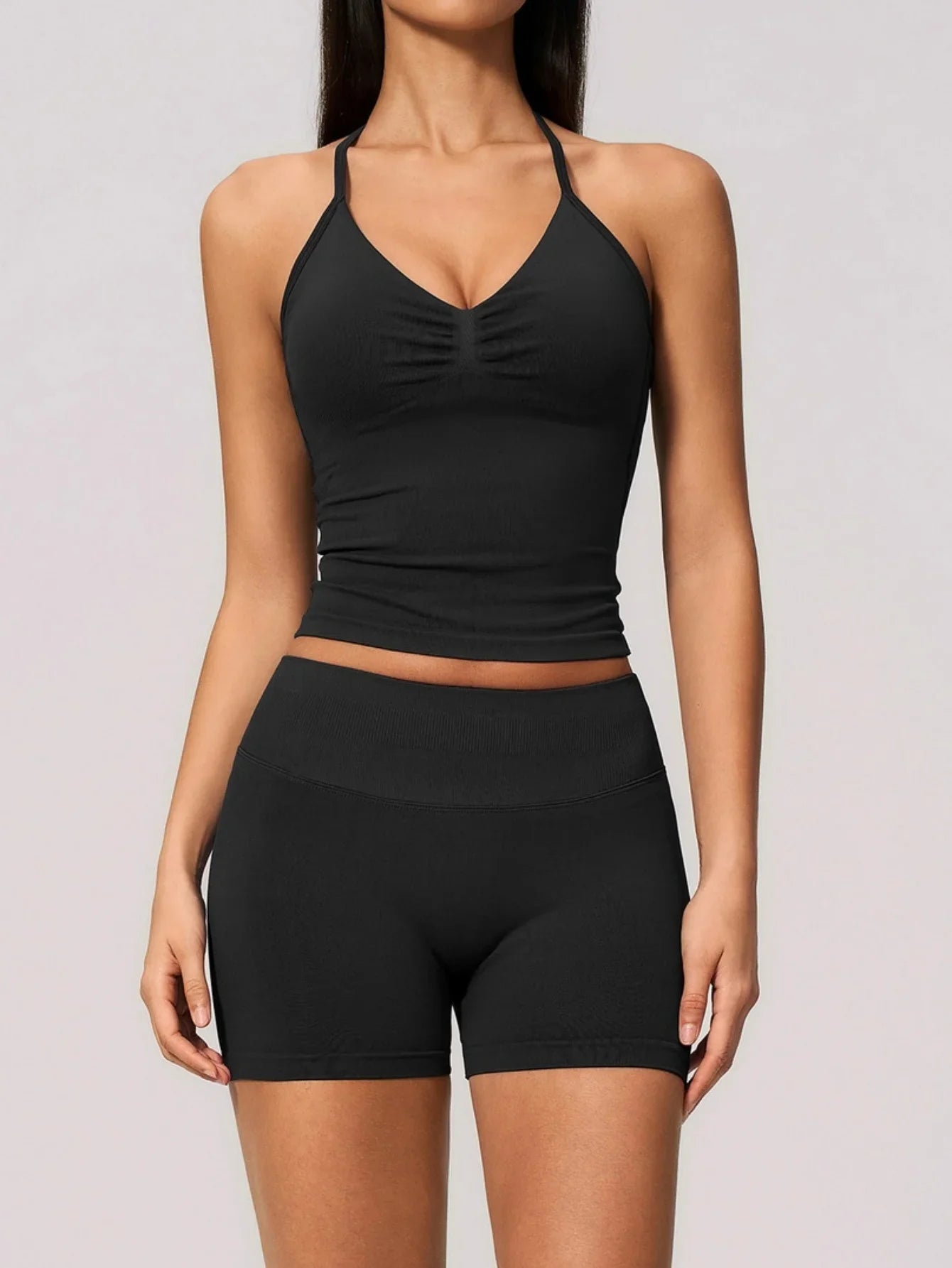 2pcs Seamless Lycra Sports Yoga Sets Women's Hanging Neck Tank Top High Elasticity Hip Lifting Shorts Workout Outfits Tracksuit