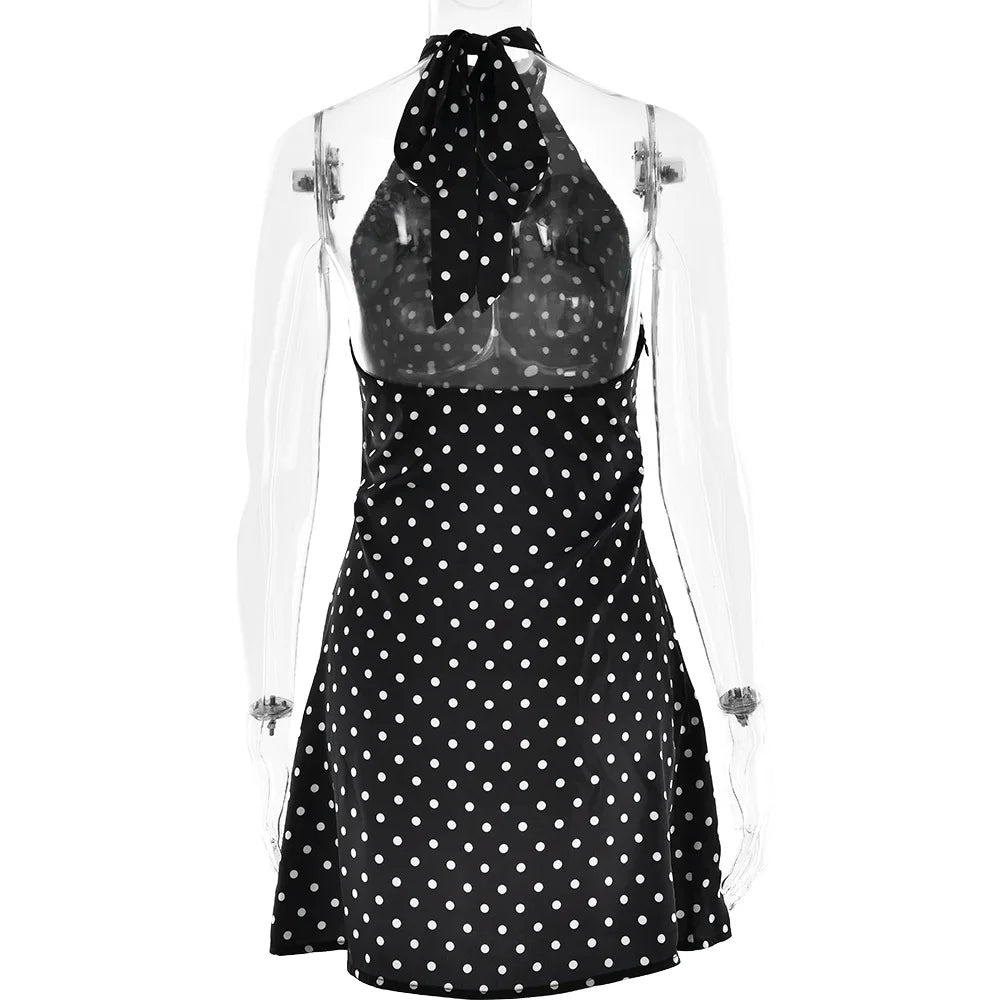 FDYOUI Woman Clothes Halter Sleeveless Polka Dot Satin Short Dress 2026 Summer Sexy Bandage Backless Mini Evening Party Dresses