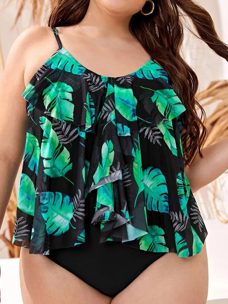 VigoJany 2026 Leaf Print Plus Size Tankini Swimwear Women Large High Waist Swimsuit Laydies Backless Big Bathing Suit Beachwear