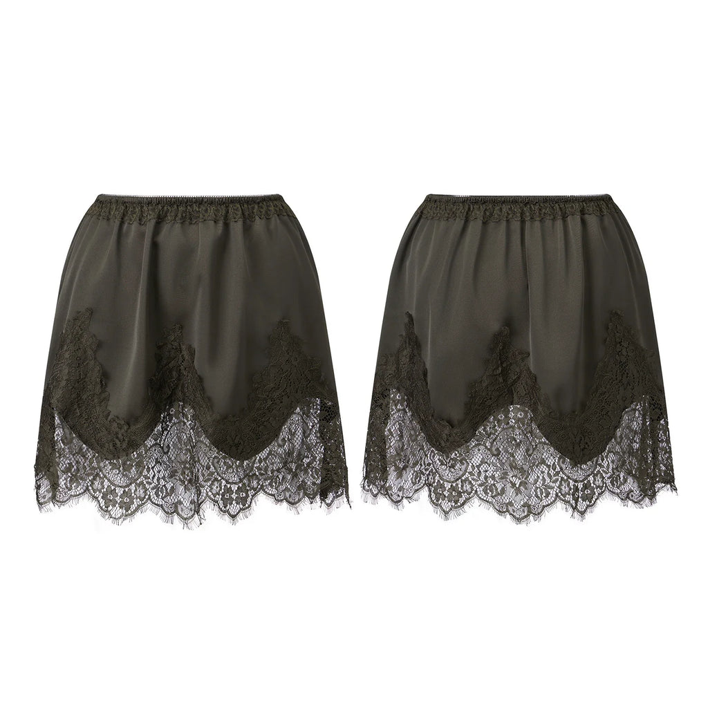Summer Women's Satin Short Skirts Elastic Waist Lace Patchwork Skirts Half Slip Skirts Fashion