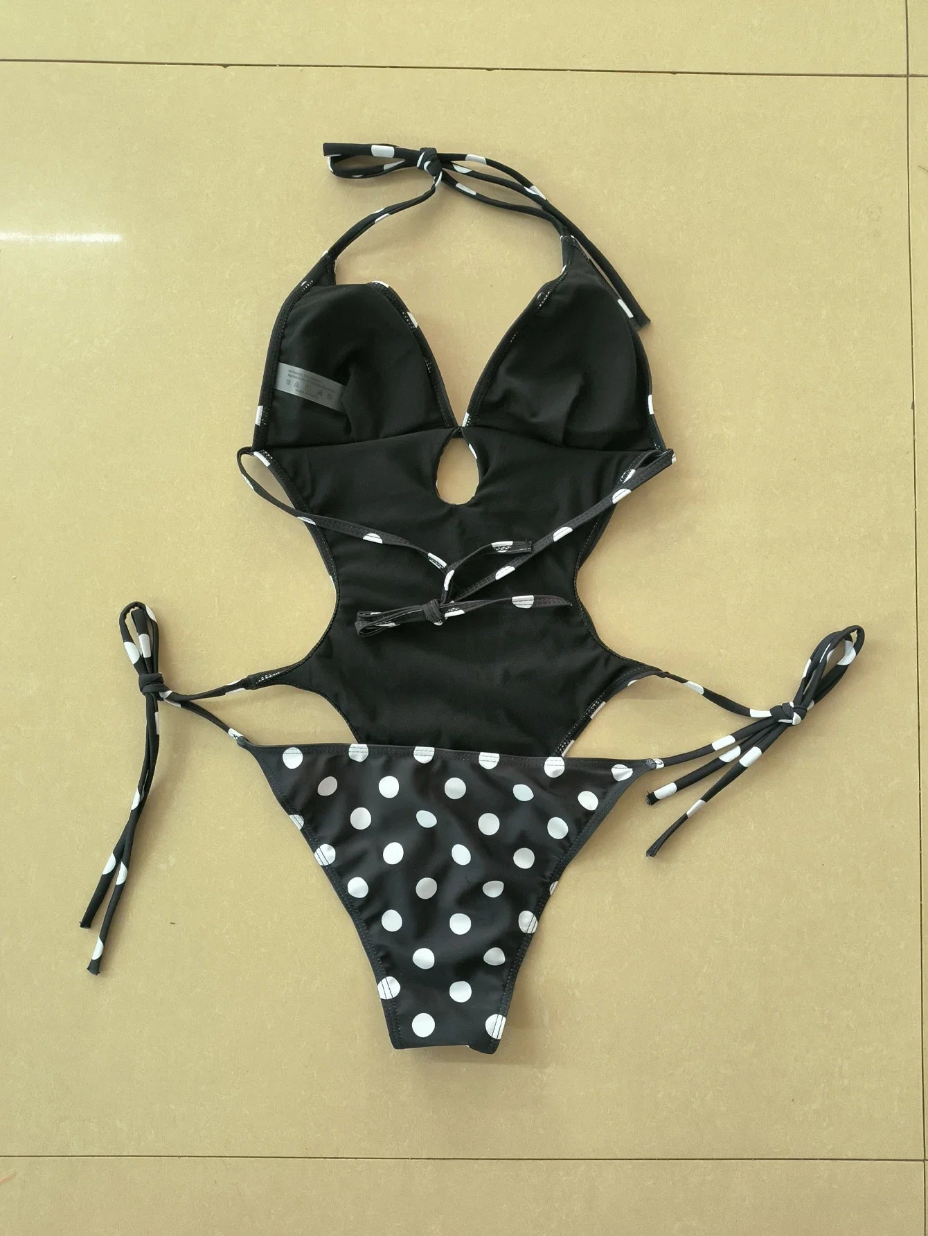 Sexy Black Polka Dot Print Swimwear Women 2026 Hollow Out Backless Tie Side Thong Bikini Bathing Suit Holiday One Piece Swimsuit