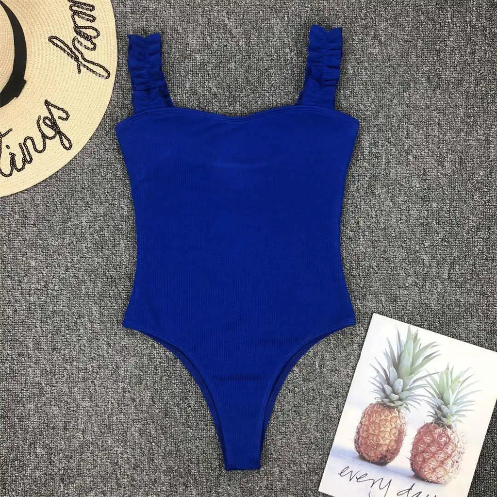 6 Colors Frill Trim Ruffled Sexy Women Swimwear One Piece Swimsuit Female Ribbed Bather Bathing Suit Swim Wear Monokini V1668
