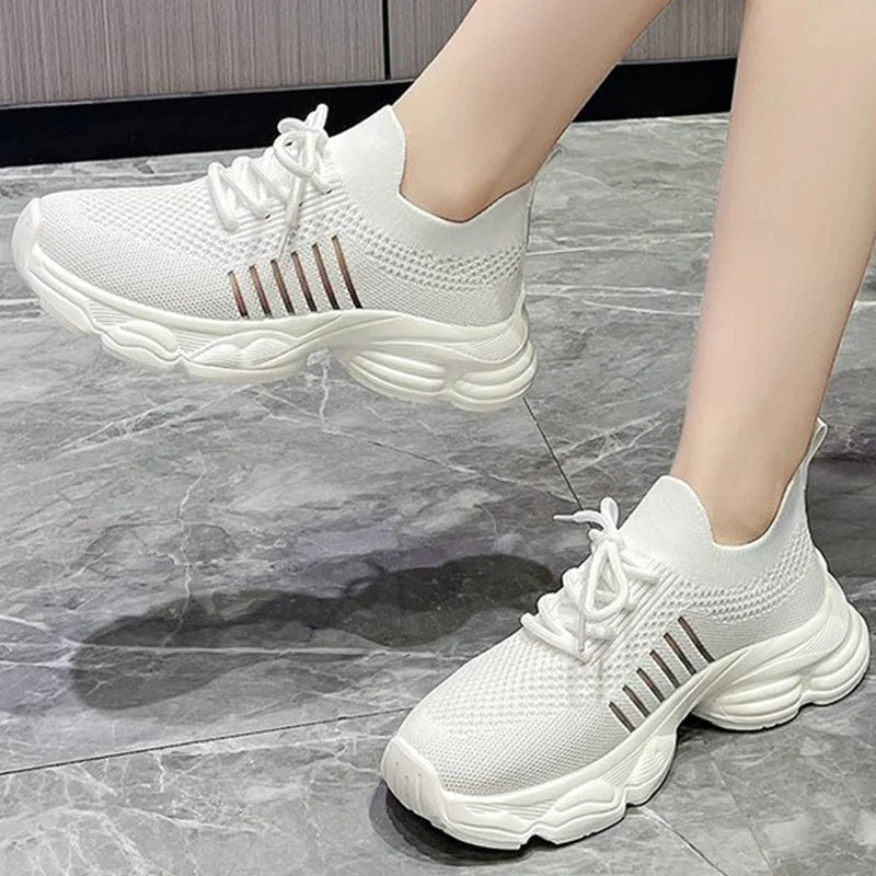 Casual Solid Thick Platform Sneakers for Women Spring 2025 Autumn Breathable Mesh Sports Shoes Woman Outdoor Lace Up Mujer